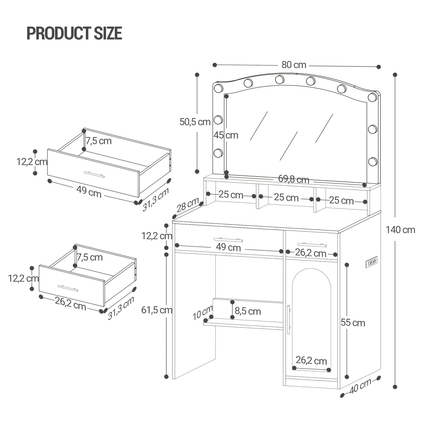 Make-up Tafel – Kaptafel – Schminktafel – Dressing Table – Toilette Tafel – Groot HD Spiegel – 3-Kleurige Instelbare LED-Verlichting