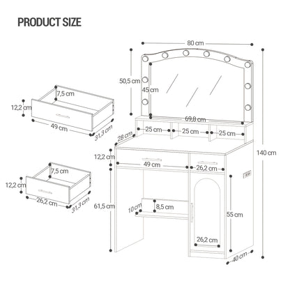 Make-up Tafel – Kaptafel – Schminktafel – Dressing Table – Toilette Tafel – Groot HD Spiegel – 3-Kleurige Instelbare LED-Verlichting