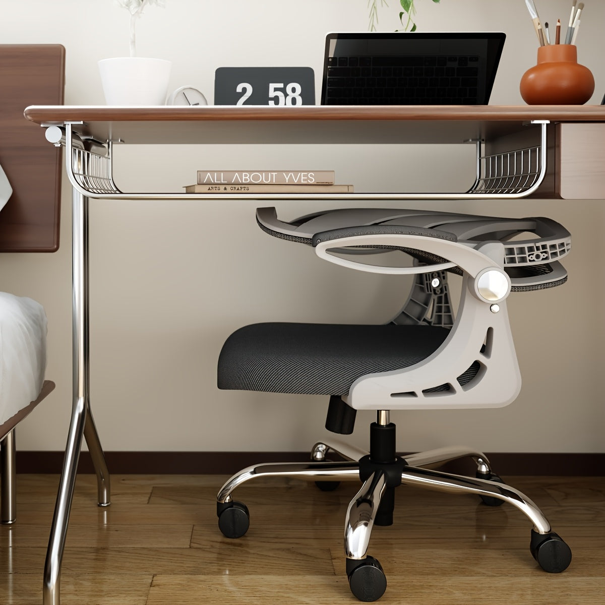 Ergonomische Bureaustoel – Kantoorstoel – Werkstoel – Bureaustoel Opvouwbaar – Bureaustoel Met Armleuningen – Ademend Mesh – Verstelbare Lendensteun – Ruimtebesparend Design – Wit/Zwart