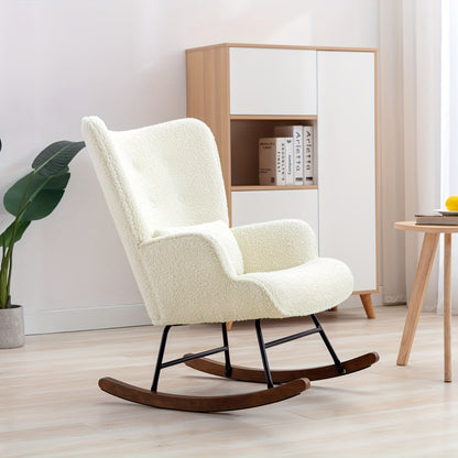 Pluche “Corgi” Crèmekleurige Schommelstoel – Luxe Hoge Rugleuning & Ergonomische Lendensteun, Zachte Bekleding & Stevig Metaalframe – Eenvoudige Montage voor Woonkamer, Slaapkamer, Kantoor of Patio
