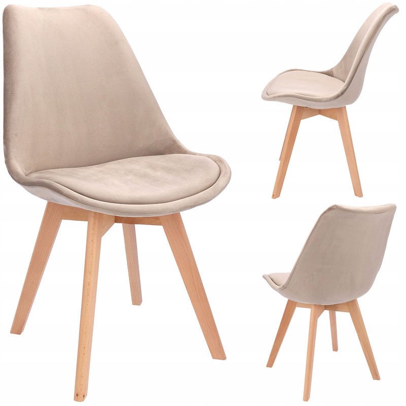 Beige Stoel – Eetkamerstoel – Bureaustoel – Velours Stoel – Designstoel – Zachte Velours Bekleding – Beukenhouten Poten
