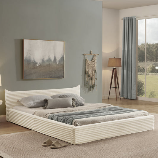 Tweepersoonsbed – Bedframe – Slaapbed – Logeerbed – Vintage Bed – 140x200 cm – Zachte Beige Chenille Bekleding – Ecologisch Eucalyptus Houten Frame