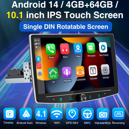 Android 14 Autoradio – Auto Stereo – Multimedia Speler – Navigatie Systeem – Handsfree Telefoon – 10,1 Inch Roterend HD IPS Touchscreen – Inclusief Achteruitrijcamera & DAB+ Adapter