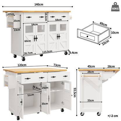 Sideboard – Keukeneiland – Serveerwagen – Opbergkast – Wandelwagen – Wit – Verstelbare Planken – Wieltjes Met Remmen
