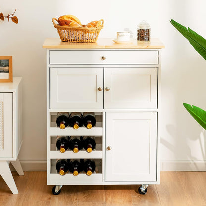 Keukentrolley – Keukenwagen – Serveerwagen – Keukenrek – Opbergwagen – Rubbenhouten Werkblad 67x37 CM – 3-Laags Opbergrek Met Lade en 2 Kastjes – Wieltjes Met REM