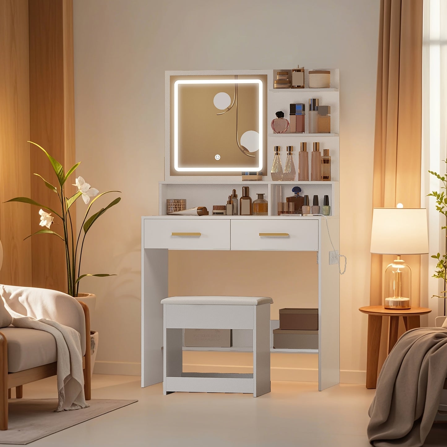 Dressing Table With Adjustable LED Lights, Rechargeable AC Socket And USB Port, Vanity Makeup With Soft Dressing Stool, 2 Drawers, Open Organisers, For Bedroom, Cloakroom, White