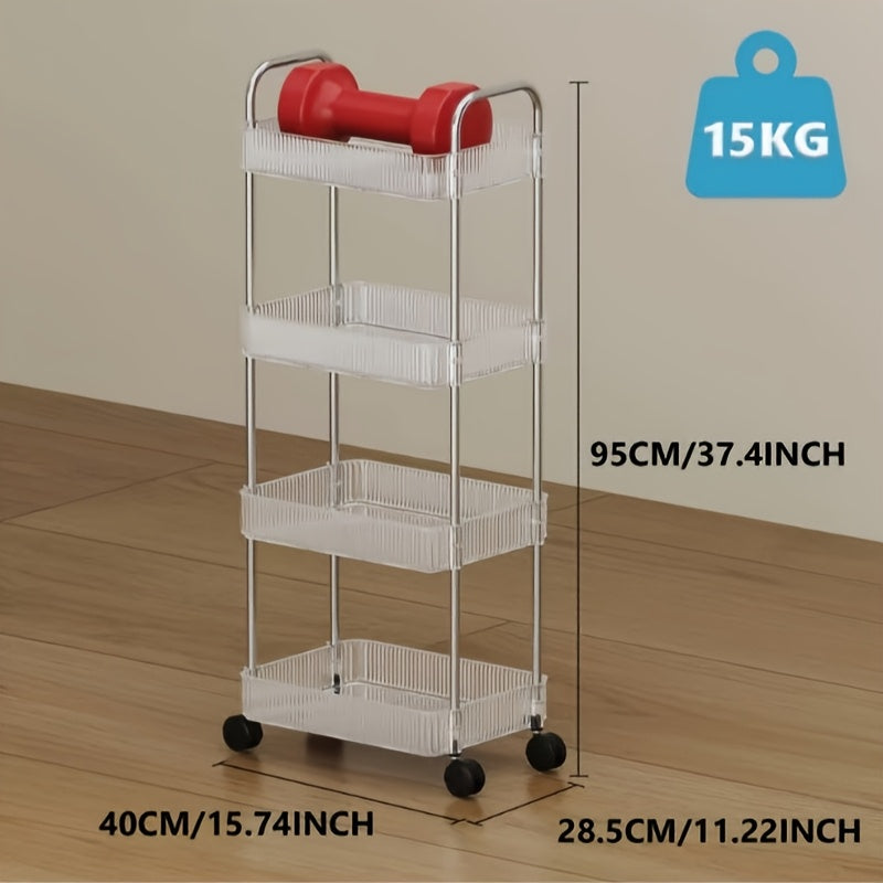 Opbergwagen – Opbergkar – Keukentrolley – Badkamertrolley – Rollende Opberger – 4-Laags Acryl Planken – RVS Handgrepen – Smal Design 39,9x29x95 cm