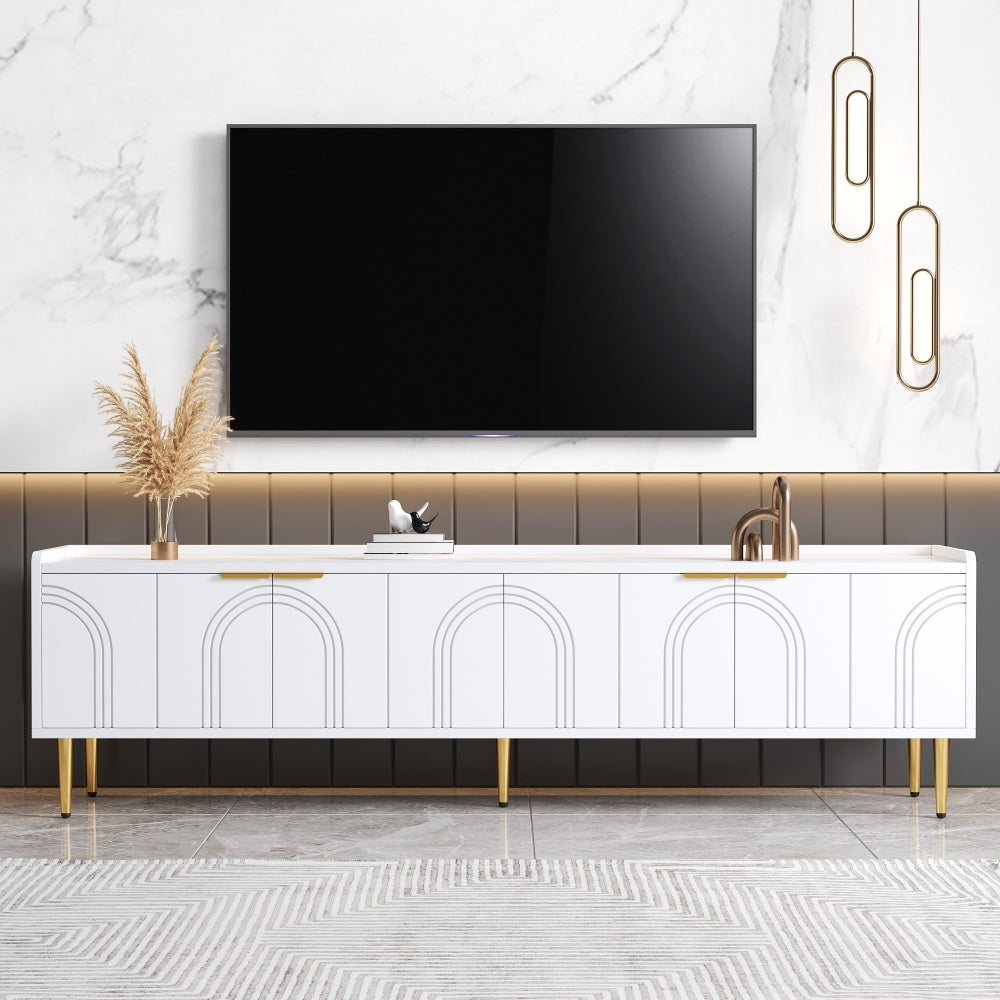 TV Cabinet | Low Unit with Textured Doors, Golden Handles, and Golden Feet | Optimal Storage for Audio-Visual Equipment, Games Consoles, Books, or Decorative Items | Keeps Belongings Efficiently Organized and Tidy | Metal Mat