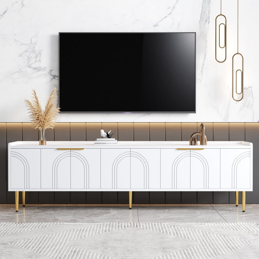 TV Cabinet | Low Unit with Textured Doors, Golden Handles, and Golden Feet | Optimal Storage for Audio-Visual Equipment, Games Consoles, Books, or Decorative Items | Keeps Belongings Efficiently Organized and Tidy | Metal Mat