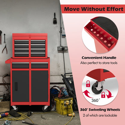 Werkbank – Werktafel – Gereedschapskist – Opbergkast – Mobiele Werkbank – 5 Lades – Opvouwbaar – Verstelbare Plank – Metalen Frame – Rood