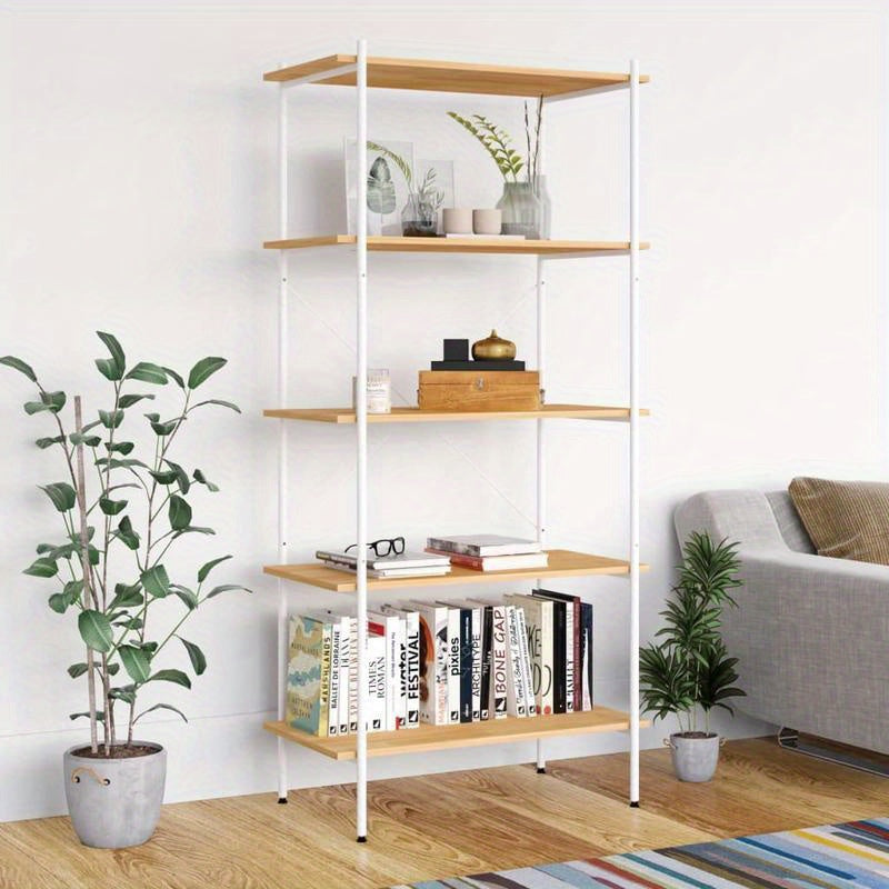Opbergrek 5-Tier White and Oak Storage Rack, 80x40x163cm - Freestanding, Layered Shelving for Home and Commercial Use, Sturdy Wooden Construction, Ideal for Books, Plants, Decor, Standing Shelf