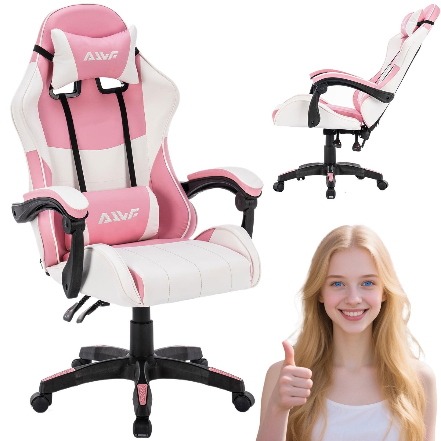 Gamingstoel – Gamestoel – Gaming Chair – Game Stoel – Bureaustoel – Ergonomisch Design – Verstelbare Rugleuning en Lendensteun – Roze/Wit