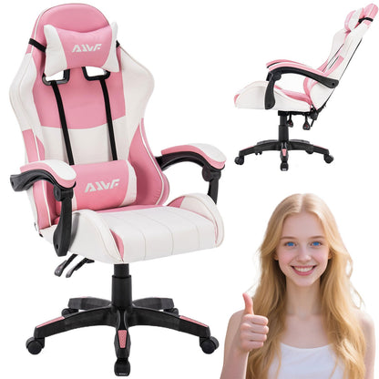 Gamingstoel – Gamestoel – Gaming Chair – Game Stoel – Bureaustoel – Ergonomisch Design – Verstelbare Rugleuning en Lendensteun – Roze/Wit