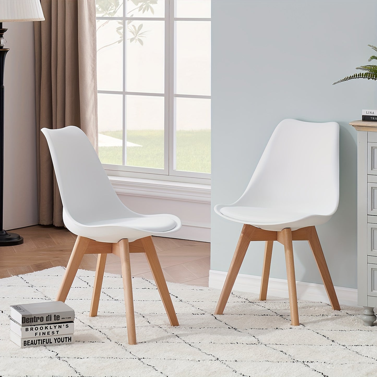 Eetkamerstoel – Stoel – Kuipstoel – Keukenstoel – Eettafelstoel – Set van 6 – Wit PU-leer – Massief Houten Poten – Ergonomisch Schuimkussen – Duurzaam Kunststof Frame – Gemakkelijk Schoon te Maken
