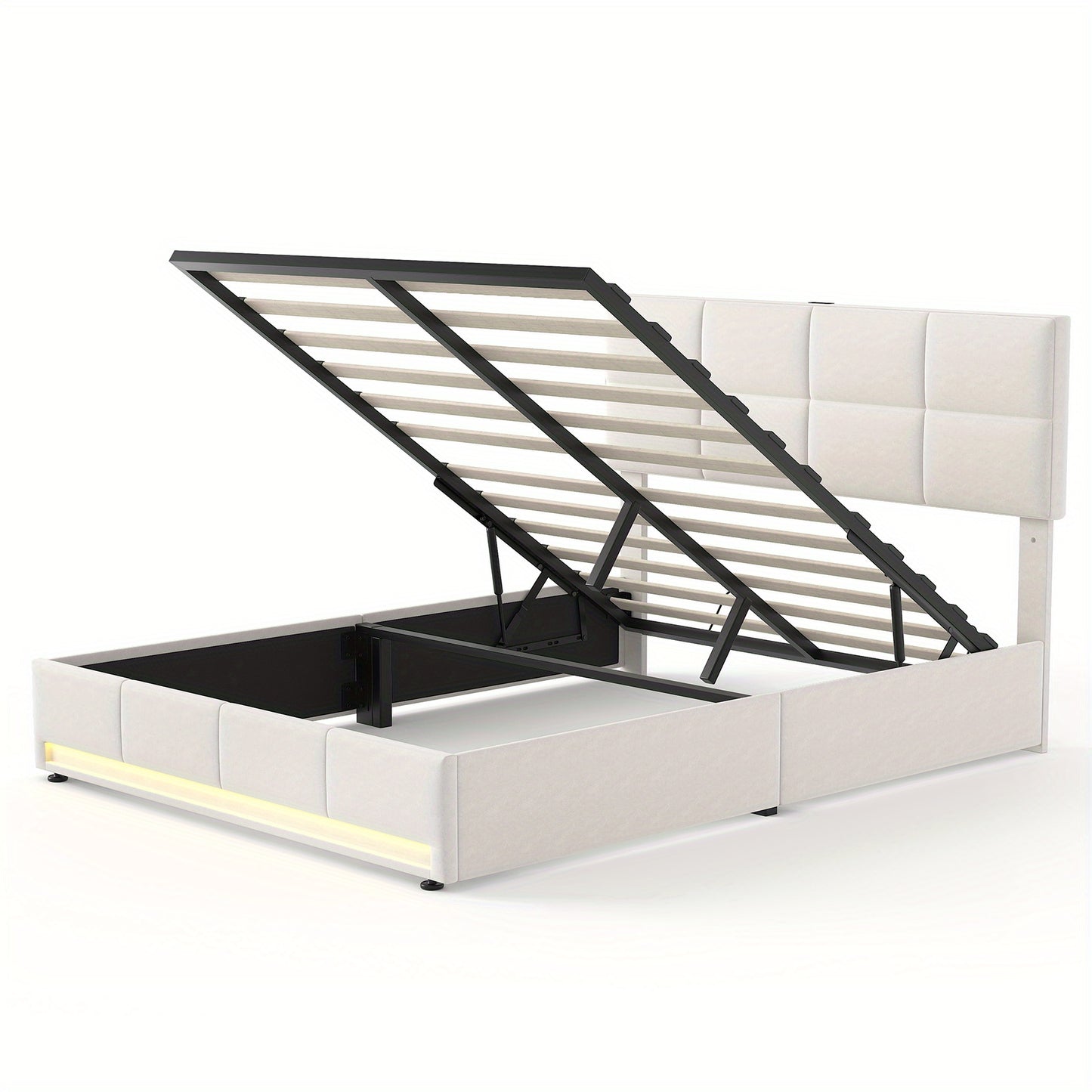 Bedframe – Opbergbed – Gestoffeerd Bed – Tweepersoonsbed – Platformbed – Hydraulische Opbergruimte – Stijlvol Beige Fluweel