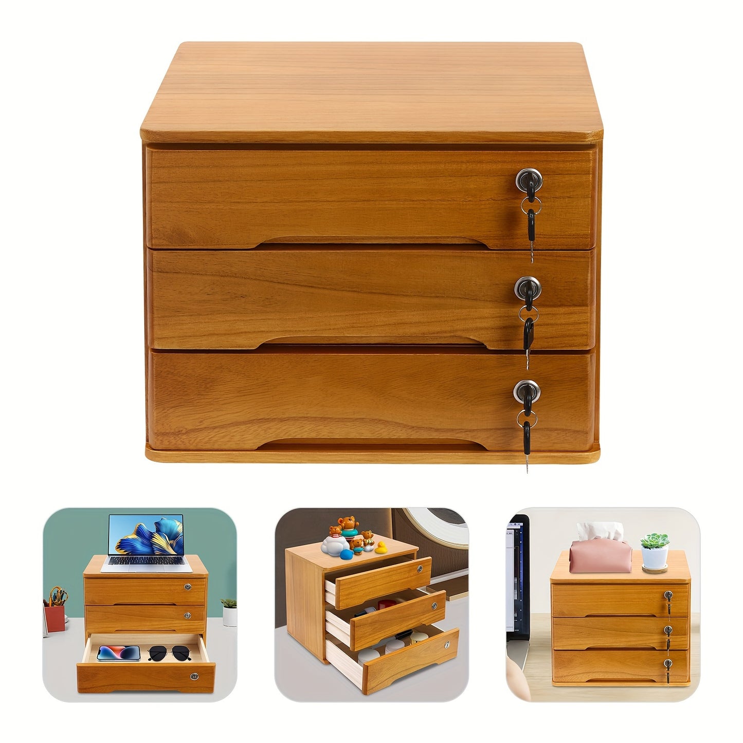 3-Laags Opbergkast – Ladekast – Bureaukast – Opbergmeubel – Ladenkast – Modern – Hoogwaardig Tung-Hout – Met Slot En Sleutels