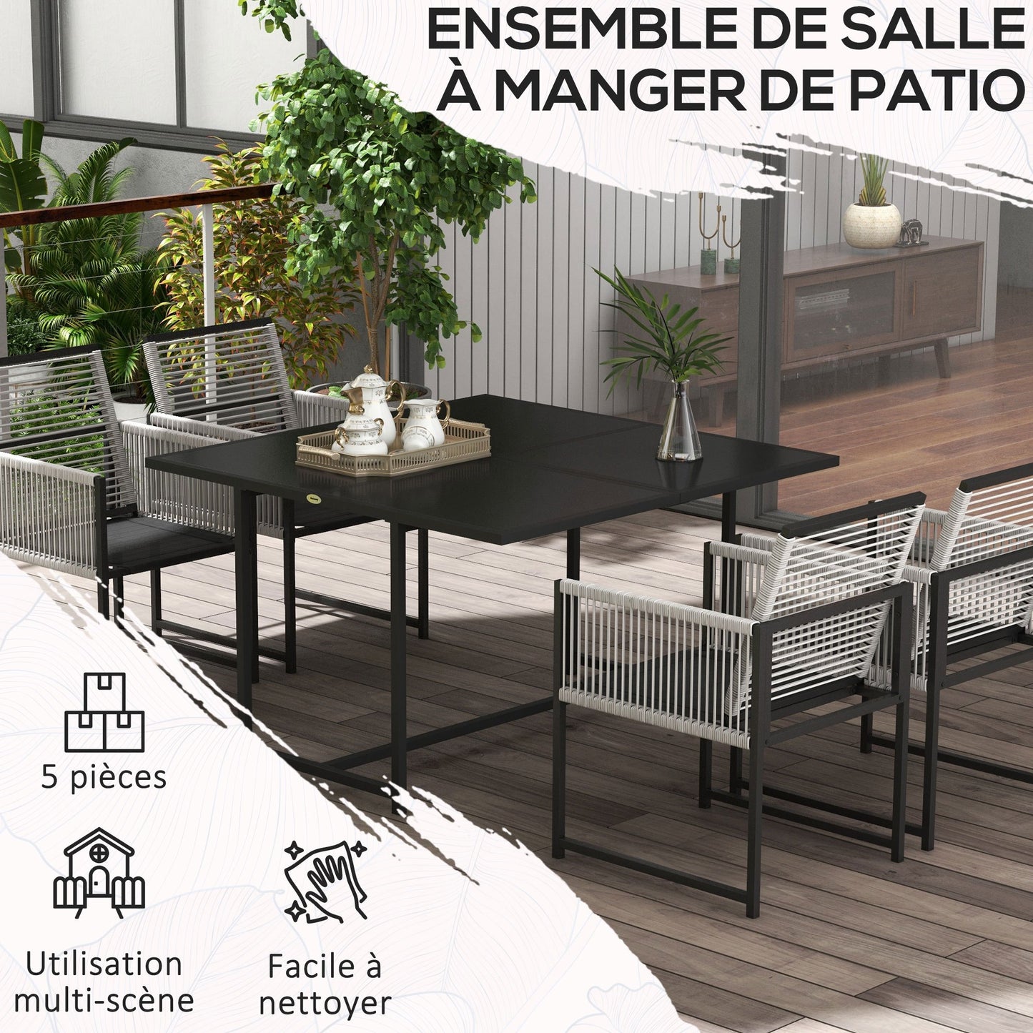 Tuinset – Diningset – Loungeset – Bistroset – Zitgroep – 5-delig – Gehard Glas Tafelblad – Inklapbare Rugleuningen
