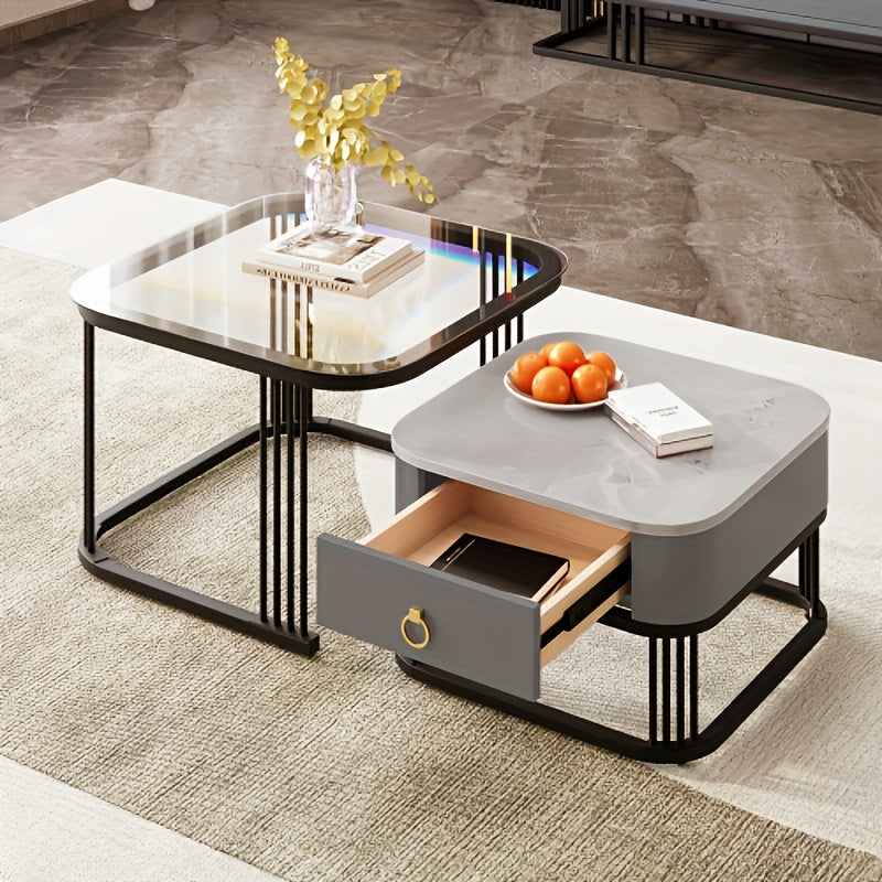 Expandable Modern Coffee Table with Marble-Look Glass Top & Black Metal Legs - Contemporary Minimalist Design, Hidden Storage Drawers, Space-Saving Expandable Center Table for Living Room, Durable Easy-Clean Surface, Assembly