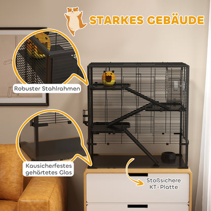 Dwerg Hamsterkooi – Hamsterkooi – knaagdierkooi – kleine huisdierenkooi – speelgoedkooi – Zwart – Gehard Glas Bodem – 4 Niveaus Met Looprad