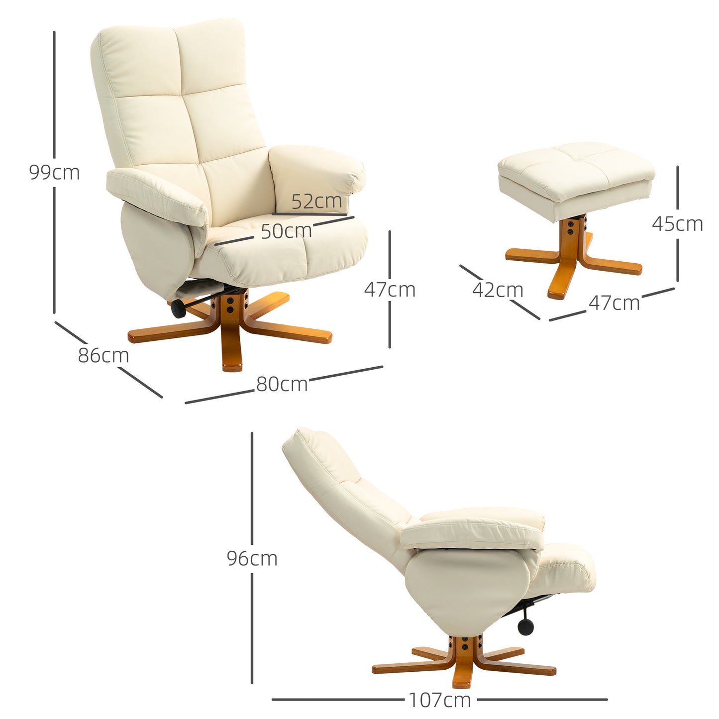 Relaxstoel – Fauteuil – Lounge Stoel – Draaistoel – Zitstoel – Creme – Verstelbare Rugleuning 145° – 360° Draaibaar Met Hocker