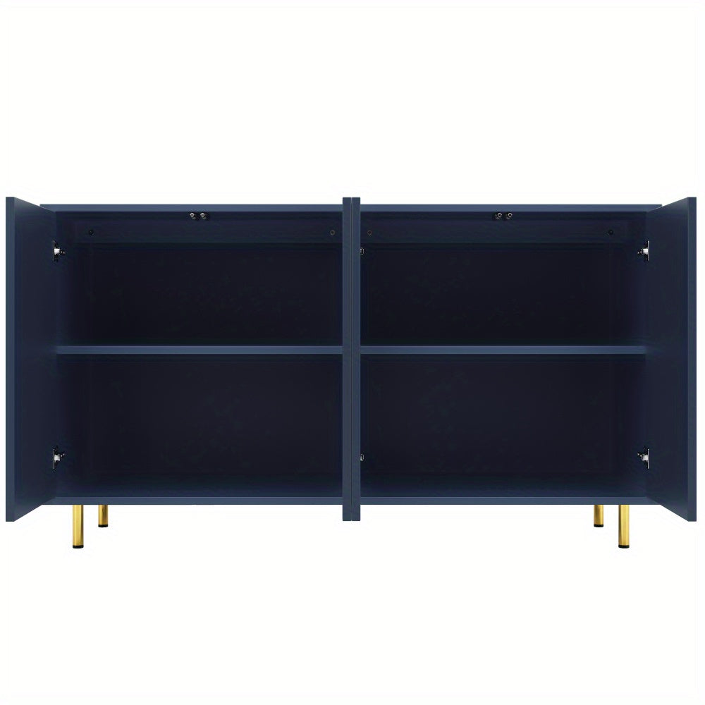 Opbergkast – Kast – Bergkast – Dressoir – Vitrinekast – Donkerblauw Met Gouden Accenten – Verticale Deuren – Stevige Metalen Poot – Hardhouten MDF – 140x40x85 cm