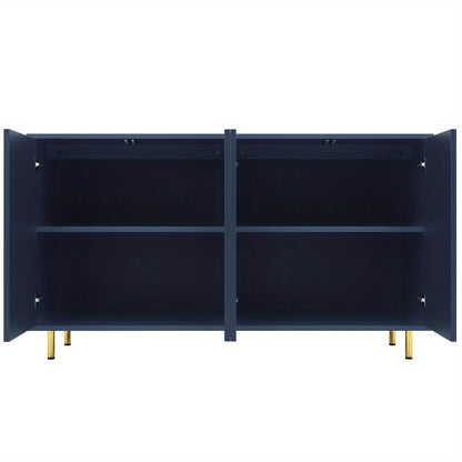 Opbergkast – Kast – Bergkast – Dressoir – Vitrinekast – Donkerblauw Met Gouden Accenten – Verticale Deuren – Stevige Metalen Poot – Hardhouten MDF – 140x40x85 cm