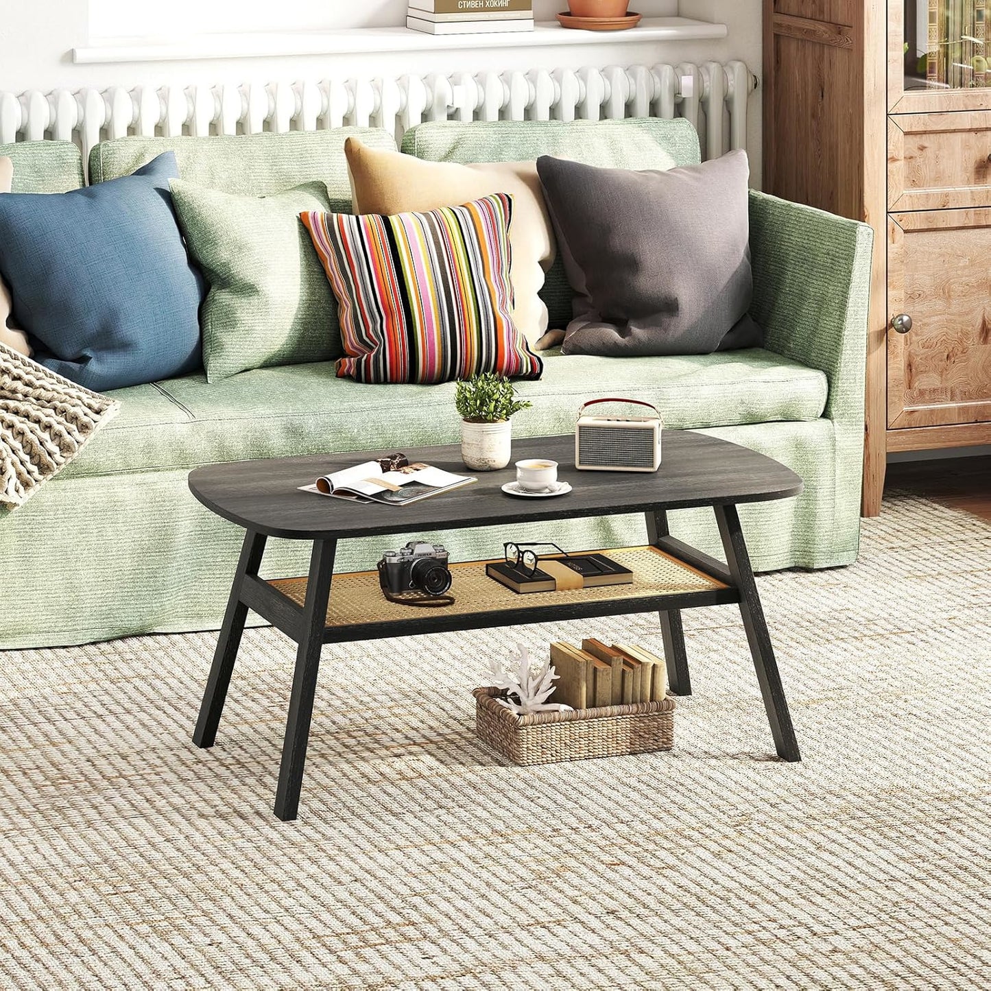 2-Level Rectangular Coffee Table with Rattan Tray, Coffee Table with Robust Storage