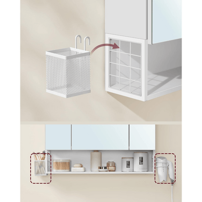 Badkamerkast – Wandkast – Spiegelkast – Opbergkast – Badkamermeubel – Wolk-wit – 3 Deuren – Met Stopcontacten en Haardrogerhouder – MDF Materiaal – Compact 70x75x16,5 cm