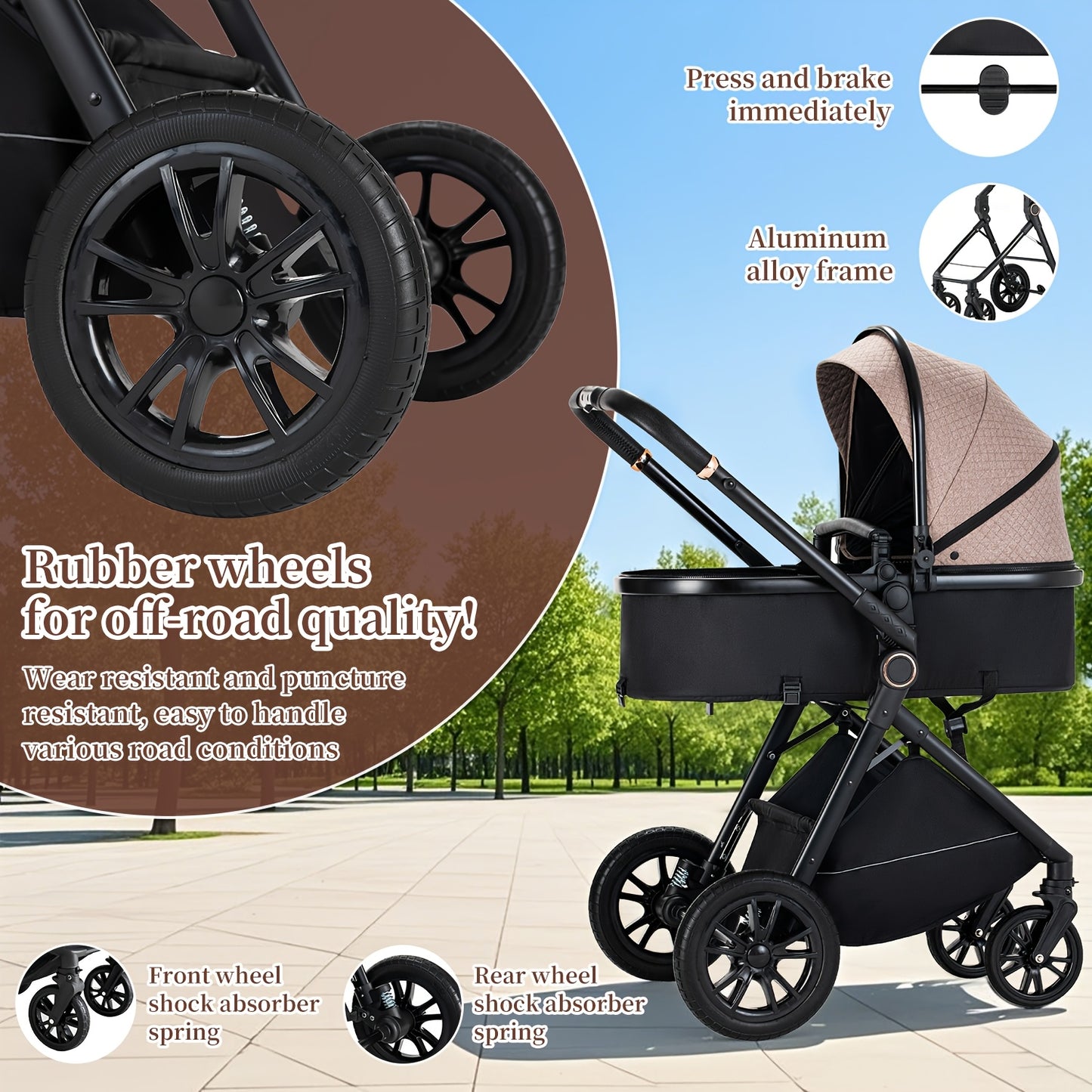 3-in-1 Kinderwagen – Buggy – Combi Kinderwagen – Babybedje – Wandelwagen – Lichtgewicht Aluminium Frame – Eénhandige Vouwfunctie – Roze