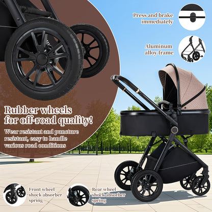 3-in-1 Kinderwagen – Buggy – Combi Kinderwagen – Babybedje – Wandelwagen – Lichtgewicht Aluminium Frame – Eénhandige Vouwfunctie – Roze
