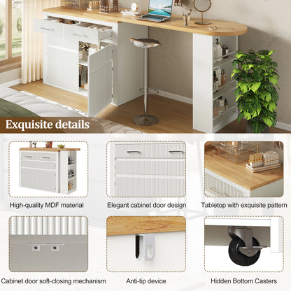 Extendable Bar Table with Storage Space (137-215 × 39 × 102.3cm), Modern Mobile Bar Table, Extendable Bar Table with One Drawer and Two Shelves, Tall Kitchen Island Dining Table, White