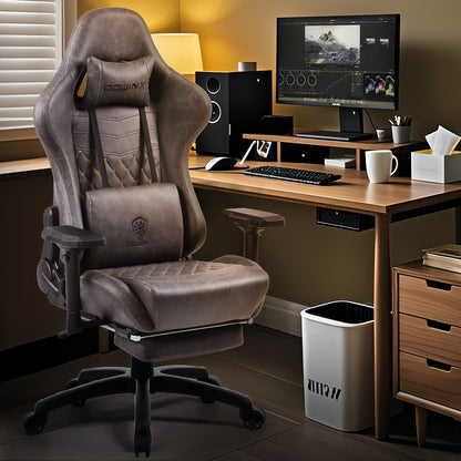 Ergonomische Gamingstoel – Bureaustoel – Computerstoel – Racestoel – Werkstoel – 4D Verstelbare Armleuningen – Hoge Rugleuning Met Hoofdkussen & Lendensteun – Bruin PU-Leder