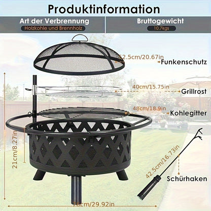 Vuurkorf – Tuinhaard – Buitenhaard – Vuurmand – Vuurschaal – 76 cm Diameter – Draaibaar Grillrooster – Veilig Vonkscherm – Stevig Metaal