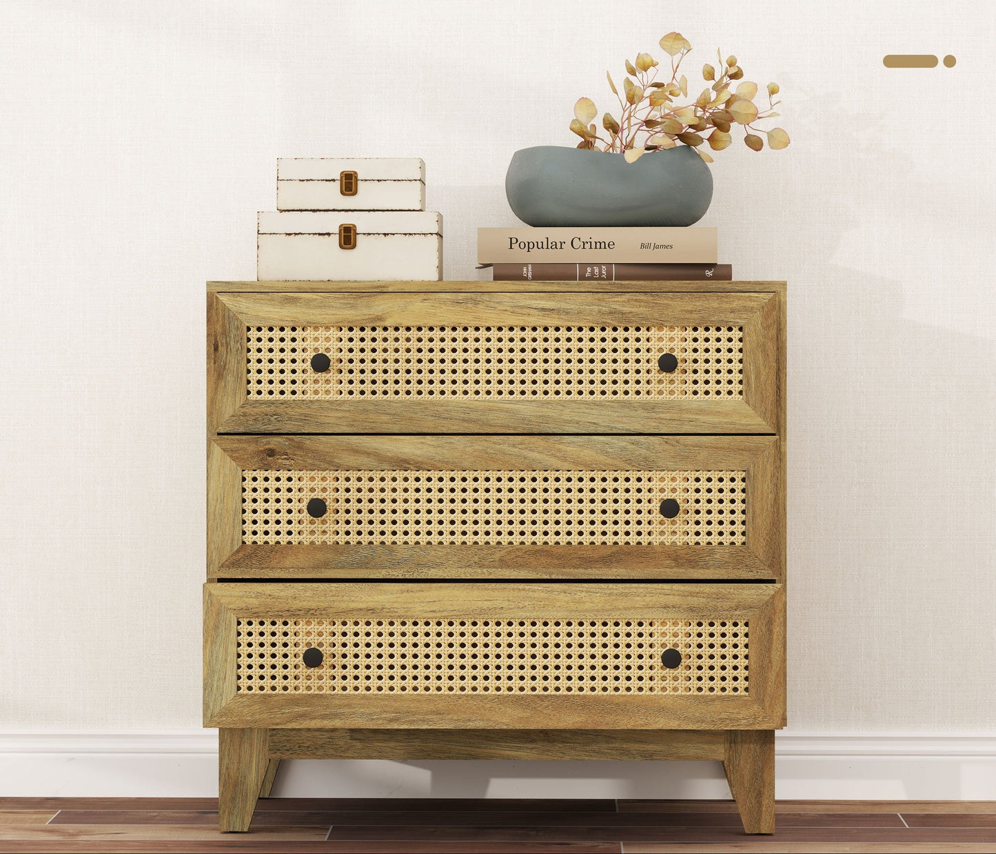 Ladekast – Ladenkast – Dressoir – Opbergkast – Kastje – 3 Lades – Natuurlijk Rattan – 80x35x76 cm