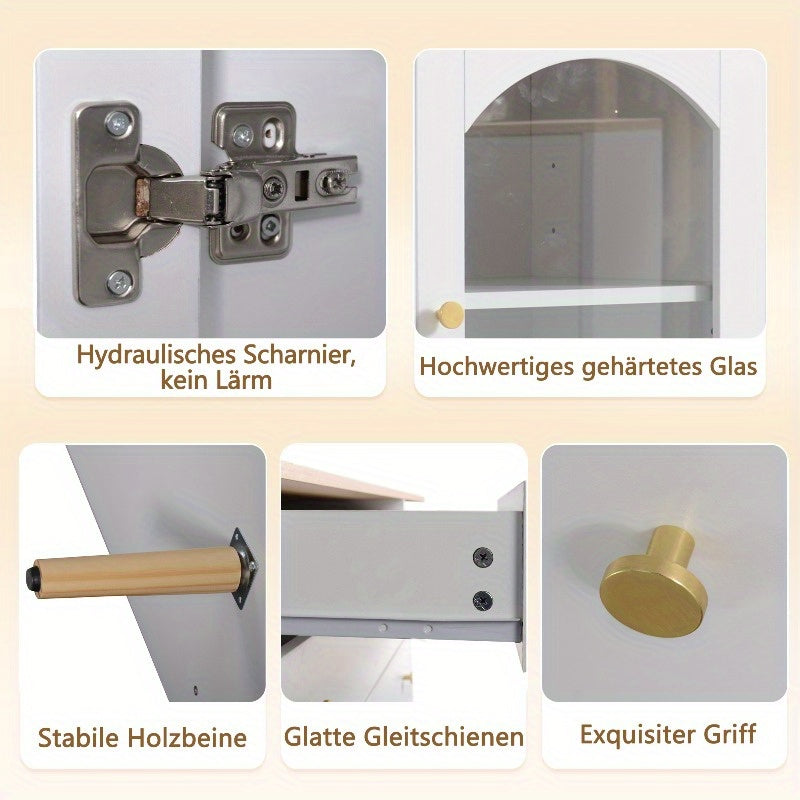 Wit metalen dressoir – buffetkast – opbergkast – keukenkast – vitrinekast – 3 lades & 3 gebogen glazen deuren – stevig metaal met brede opbergruimte