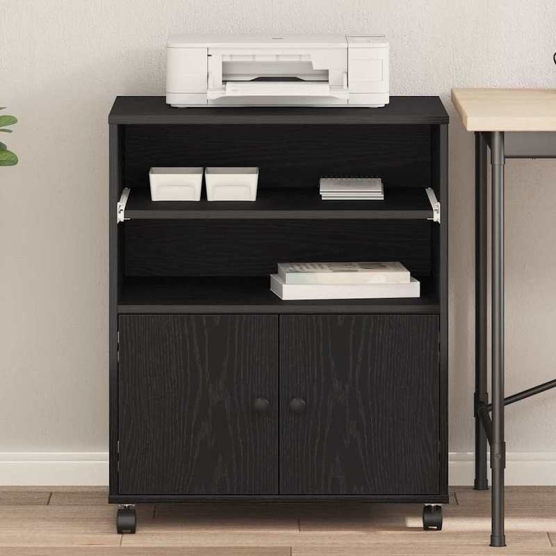 Black Oak Printer Stand Heavy-Duty Wood, Space-Saving Multi-Shelf Printer Cabinet with Sturdy Legs & White Pads - Portable Desktop Organizer for /Office, Printer, Scanner, Copier (60x48x74cm, Easy Assembly