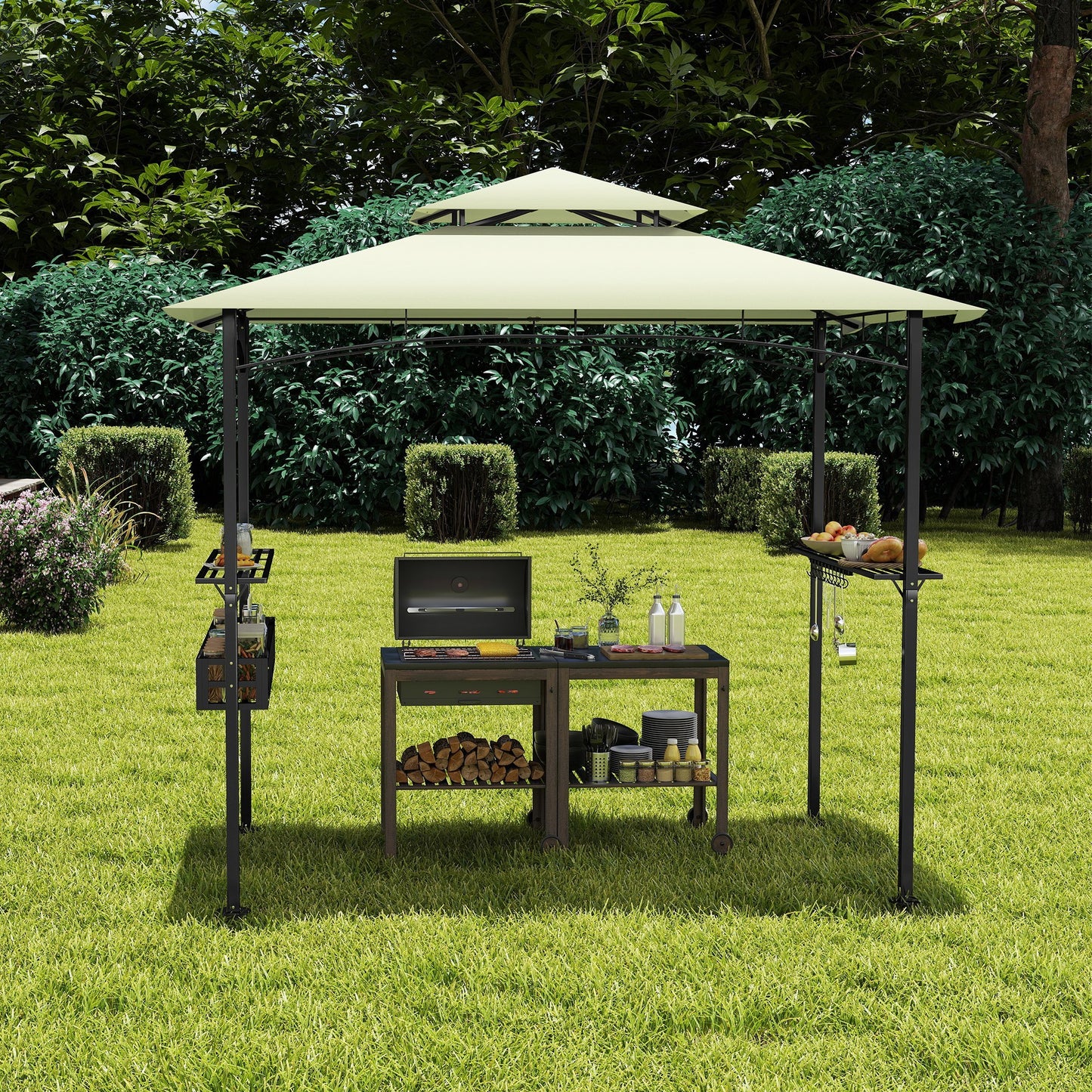 BBQ Paviljoen – Grillhuis – Barbecue Overkapping – Tuinpaviljoen – Grill Shelter – Beige – Poedergecoat Stalen Frame – UV-Bestendig Polyester Dak – 245 x 153 x 250 cm