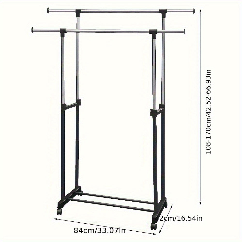 Kledingrek – Garderoberek – Kledingstang – Dressboy – Kledinghouder – Verstelbare Hoogte 108-170 cm – Stalen Dubbel Rek Met Schoenenrek En Wieltjes