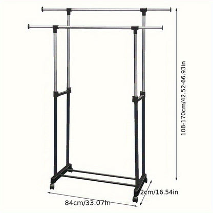 Kledingrek – Garderoberek – Kledingstang – Dressboy – Kledinghouder – Verstelbare Hoogte 108-170 cm – Stalen Dubbel Rek Met Schoenenrek En Wieltjes