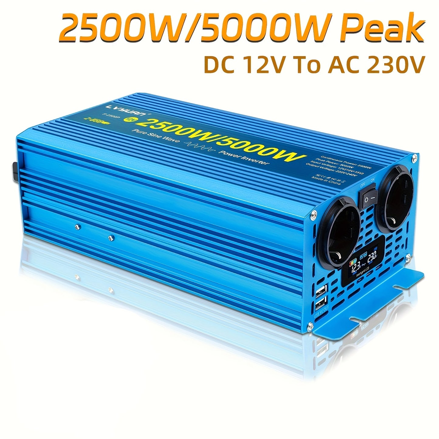 Zuivere Sinusgolf Omvormer – Stroomomzetter – Power Inverter – DC Naar AC Converter – 2500W / 5000W Pieken – LCD Display – Compact & Lichtgewicht