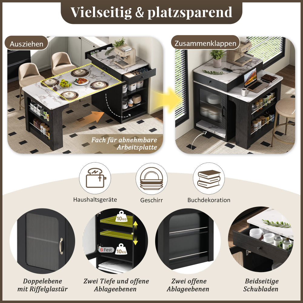 Uitklaptafel – Klaptafel – Uitschuiftafel – Vouwtafel – Eettafel – Ruimtebesparend – Kunstmarmeren Tafelblad – Met Wieltjes – Met Kruidenrek – Geschikt voor 4-6 Personen