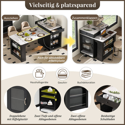 Uitbreidbare Eettafel – Modern Dinertafel – Keukentafel – Tafel Met Wieltjes – Uitklapbare Tafel – Kunstmarmer Blad – Met Kruidenrek – Stevig Metalen Frame Voor 4-6 Personen