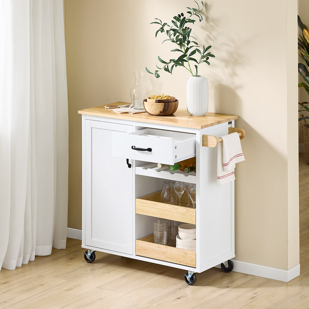 Keukentrolley – Serveerwagen – Opbergrek – Bijzettafel – Keukenwagen – Rubberen Houten Werkblad – Vier Wielen Met Rem – Compact 92x42x87 cm