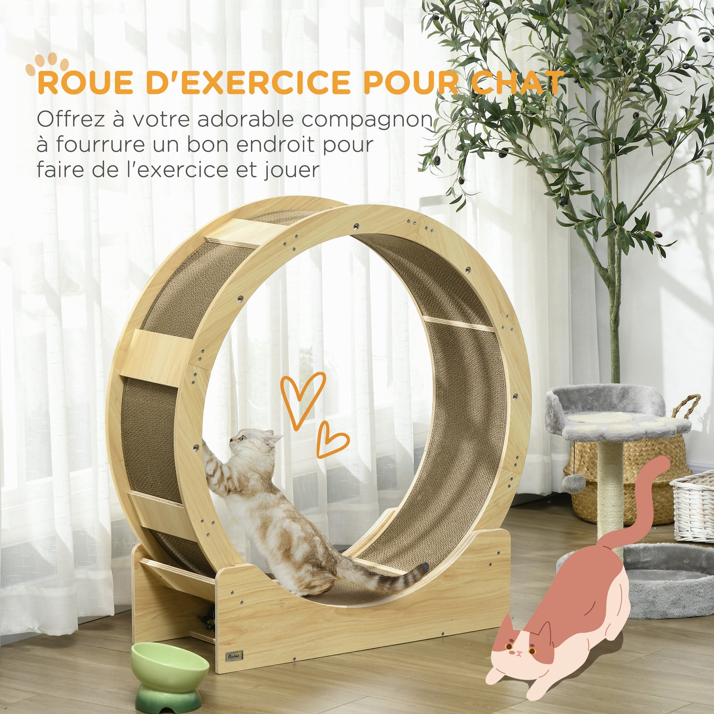 Kattenloopwiel – Kattenrad – Kattenrader – Kattenwiel – Kattenfitness – Natuurlijk houten ontwerp – Ingebouwde veiligheidsrem en krabmat