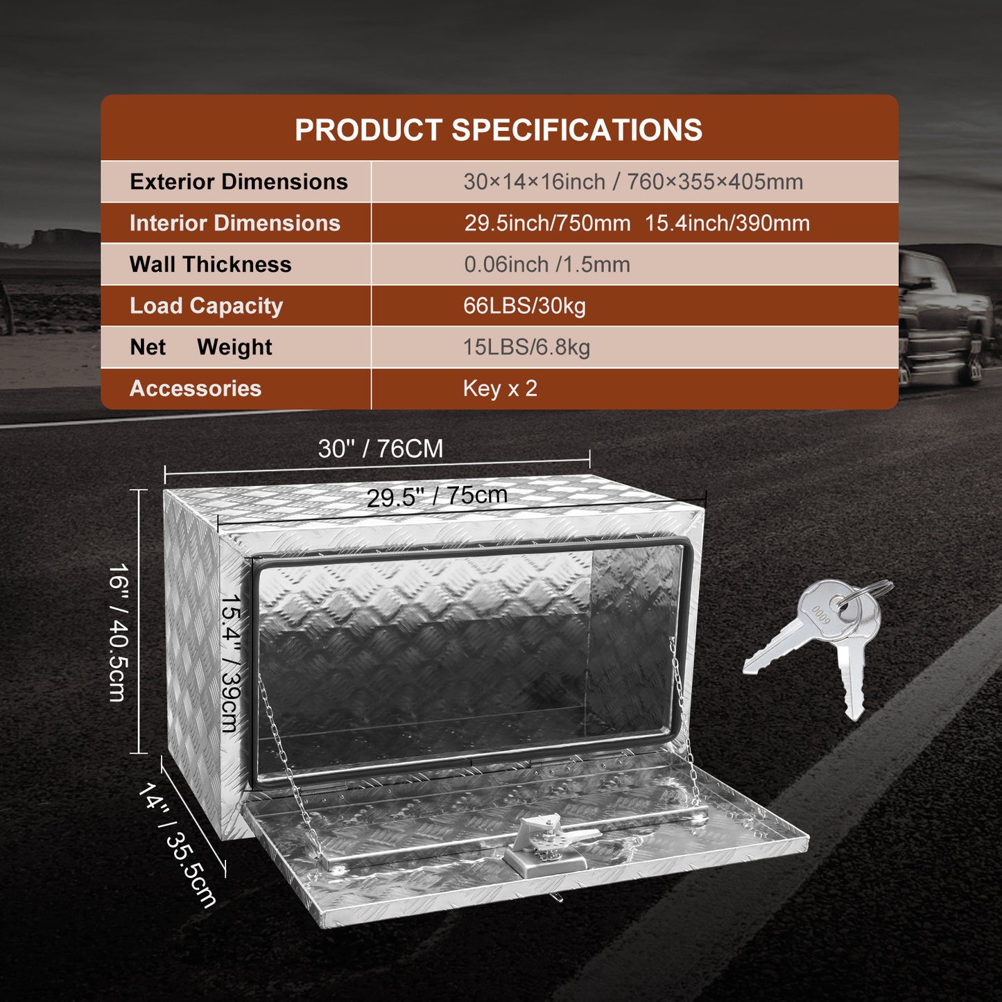 Onderbouw Opbergbox – Gereedschapskist – Truckbox – Pick-up Opbergbox – Trailer Kist – Waterdicht – Aluminium Diamantprofiel 76x36x41 cm – Slot Met Sleutels