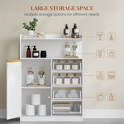 Badkamerkast – Badkamermeubel – Opbergkast – Kolomkast – Wastafelonderkast – 4 Laden & Open Vak – Verstelbare Planken – Wit 110x80x30 cm – Stevig Spaanplaat – Anti-Kantel Veiligheid
