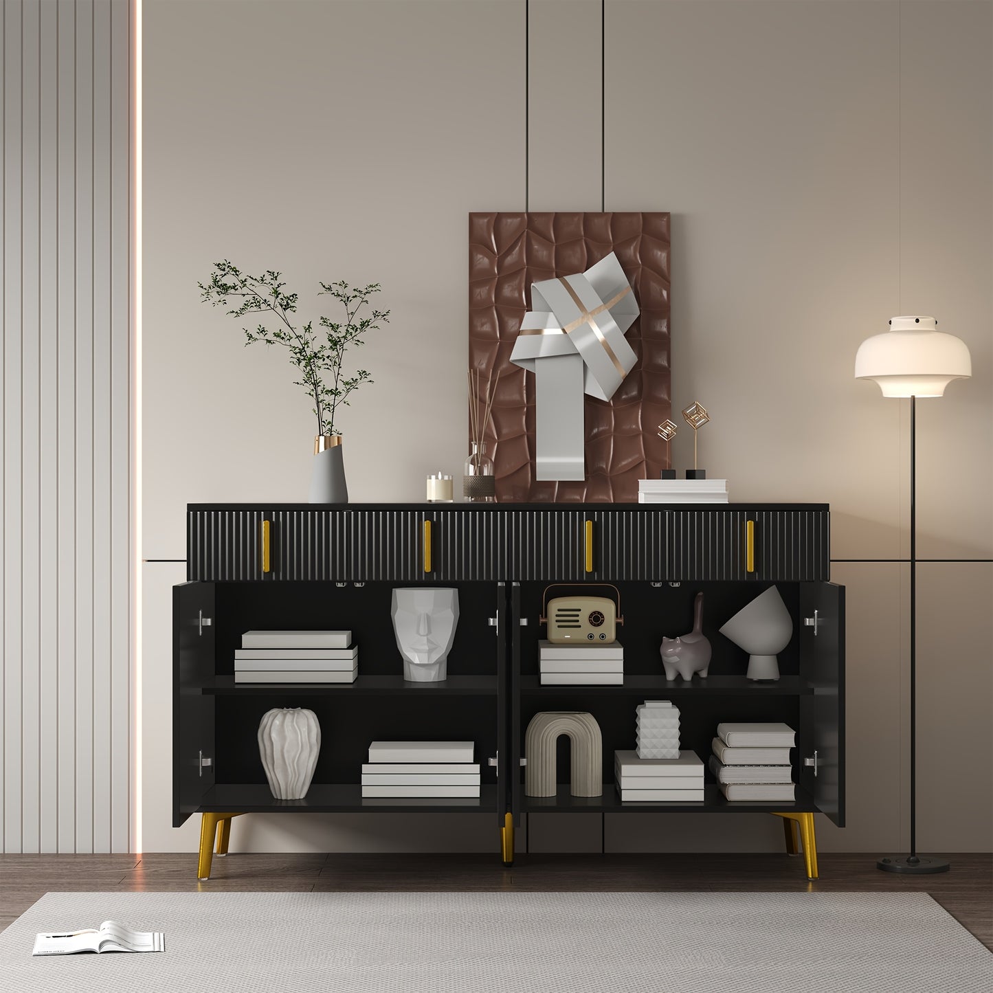 Dressoir – Opbergkast – Ladekast – Commode – TV-meubel – Mat Zwart Met Gouden Accenten – 4 Deuren En 4 Laden – Hardhout Met Afneembaar Laminaat – 140 cm Breed