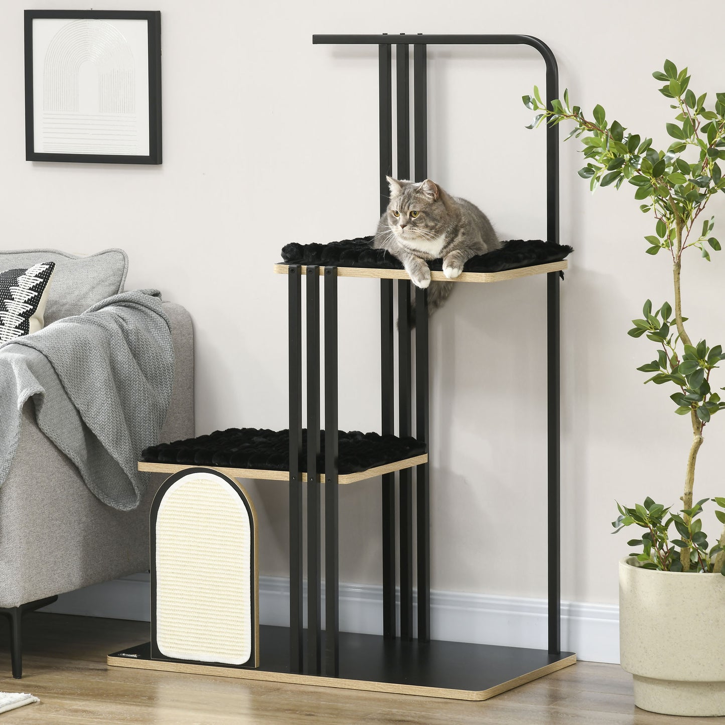 Krabpaal – Krabmeubel – Krabton – Kattenmeubel – Krabpaal Industrieel – Stalen Frame – 2 Platforms Met Wasbare Kussens – Natuurlijke Sisal Krabwand – Zwart – 85x48x128 cm