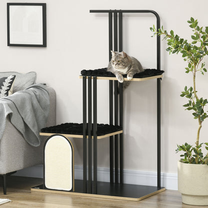 Krabpaal – Krabmeubel – Krabton – Kattenmeubel – Krabpaal Industrieel – Stalen Frame – 2 Platforms Met Wasbare Kussens – Natuurlijke Sisal Krabwand – Zwart – 85x48x128 cm