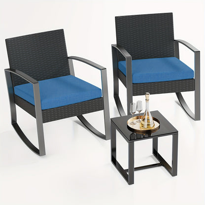 3-delige All-Weather PE Rotan Lounge Set – Tuinmeubel Set, Patio Meubilair, Buiten Sofa, Tuinstoelen – Met Kussens, Metaal Frame – Glas Tafelblad, 181kg Draagkracht – Blauw